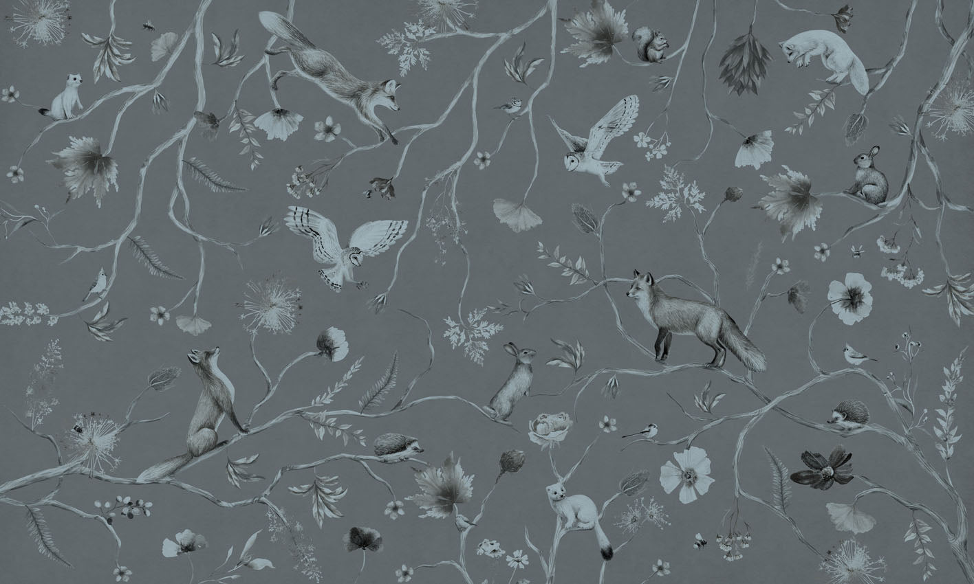 Playful Forest – Monochrome Blue wallpaper mural by Kikki Belle