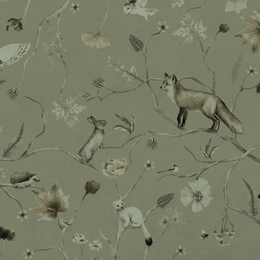 Close-up of the Playful Forest – Monochrome Green wallpaper mural