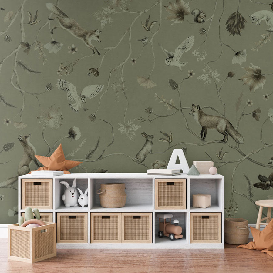 Playful Forest – Monochrome Green wallpaper mural in a playroom storage