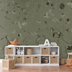 Playful Forest – Monochrome Green wallpaper mural in a playroom storage