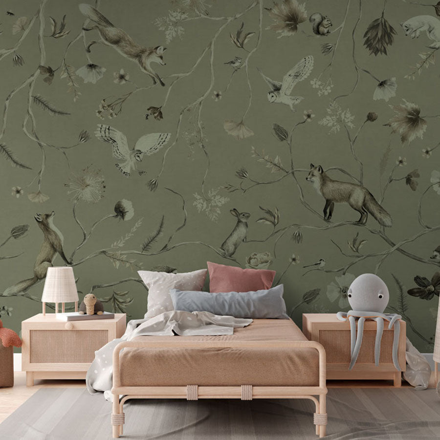 Playful Forest – Monochrome Green wallpaper mural in a rattan bed