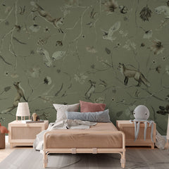 Playful Forest – Monochrome Green wallpaper mural in a rattan bed
