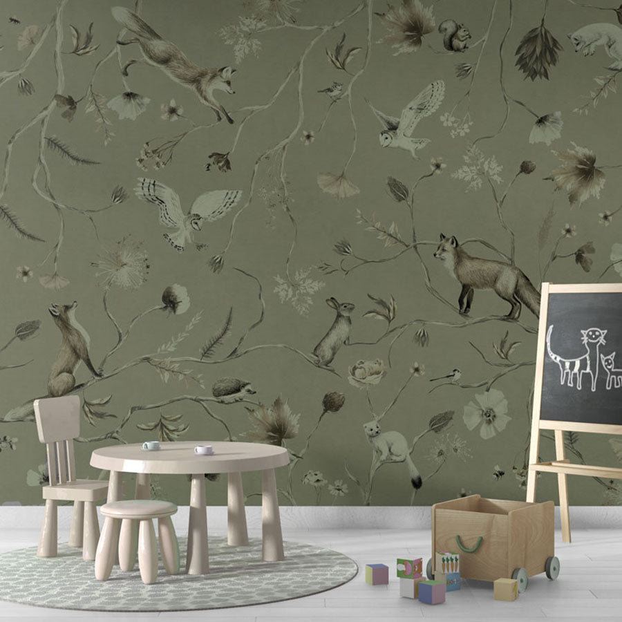 Playful Forest – Monochrome Green wallpaper mural in a school board