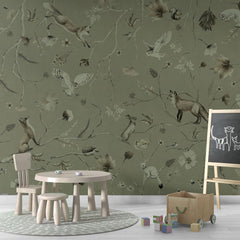 Playful Forest – Monochrome Green wallpaper mural in a school board