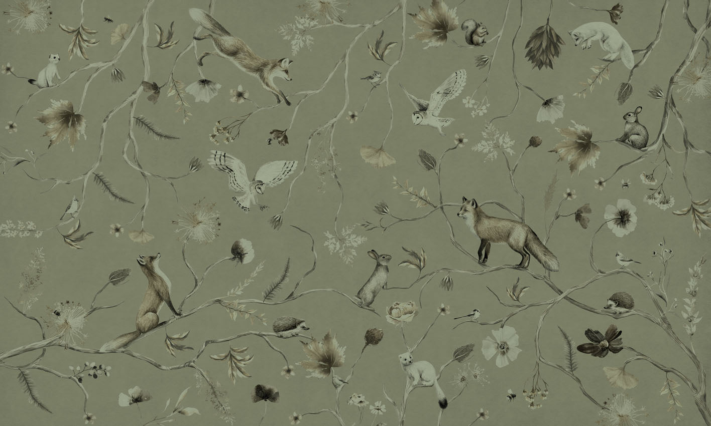 Playful Forest – Monochrome Green wallpaper mural by Kikki Belle