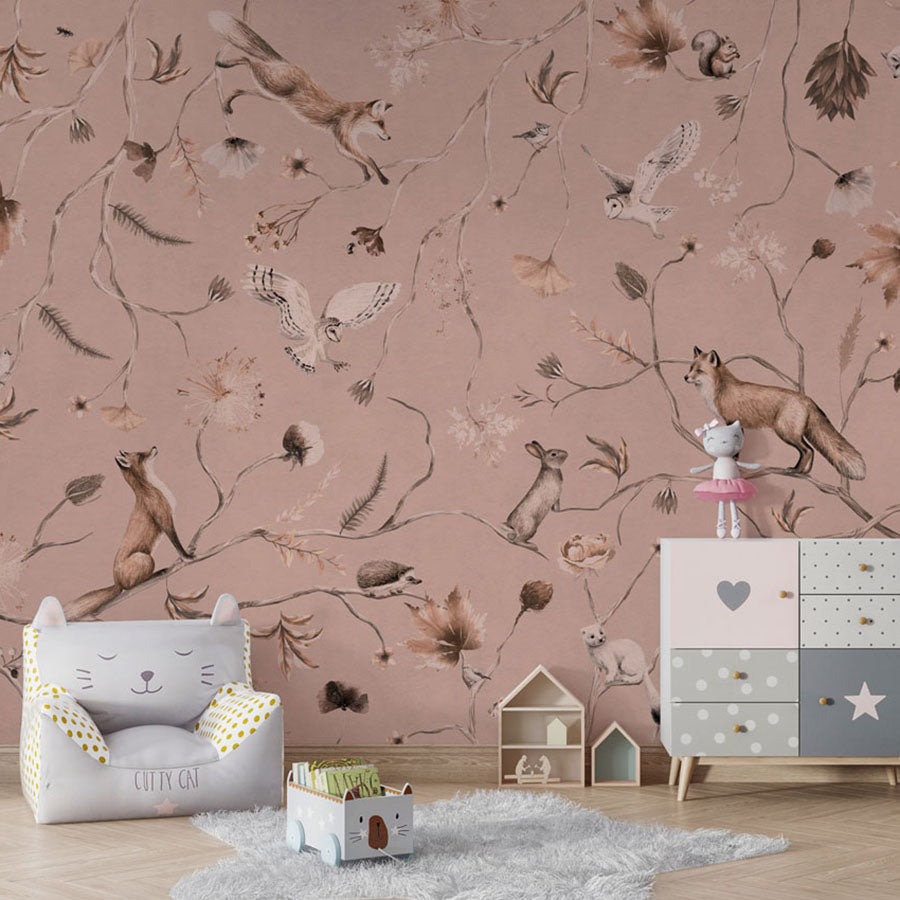 Playful Forest – Monochrome Pink wallpaper mural in a chair cabinet