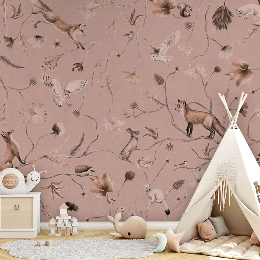 Playful Forest – Monochrome Pink wallpaper mural in a children’s playroom