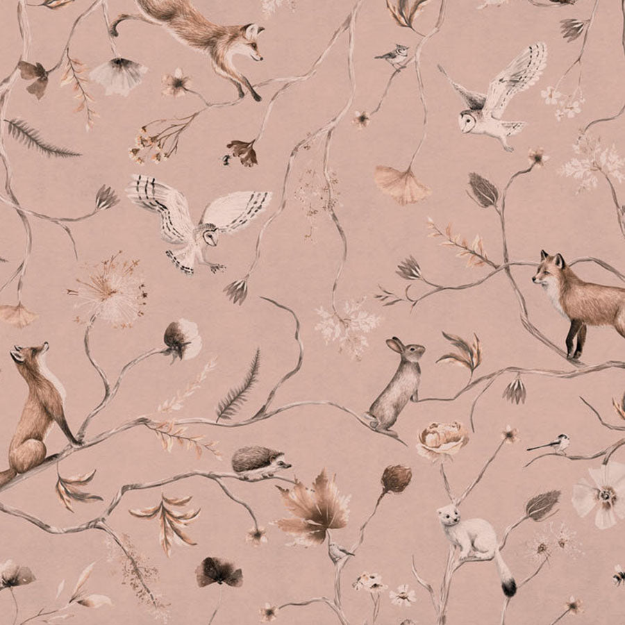 Close-up of the Playful Forest – Monochrome Pink wallpaper mural
