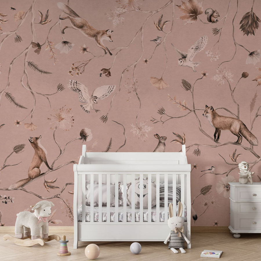 Playful Forest – Monochrome Pink wallpaper mural in a nursery crib