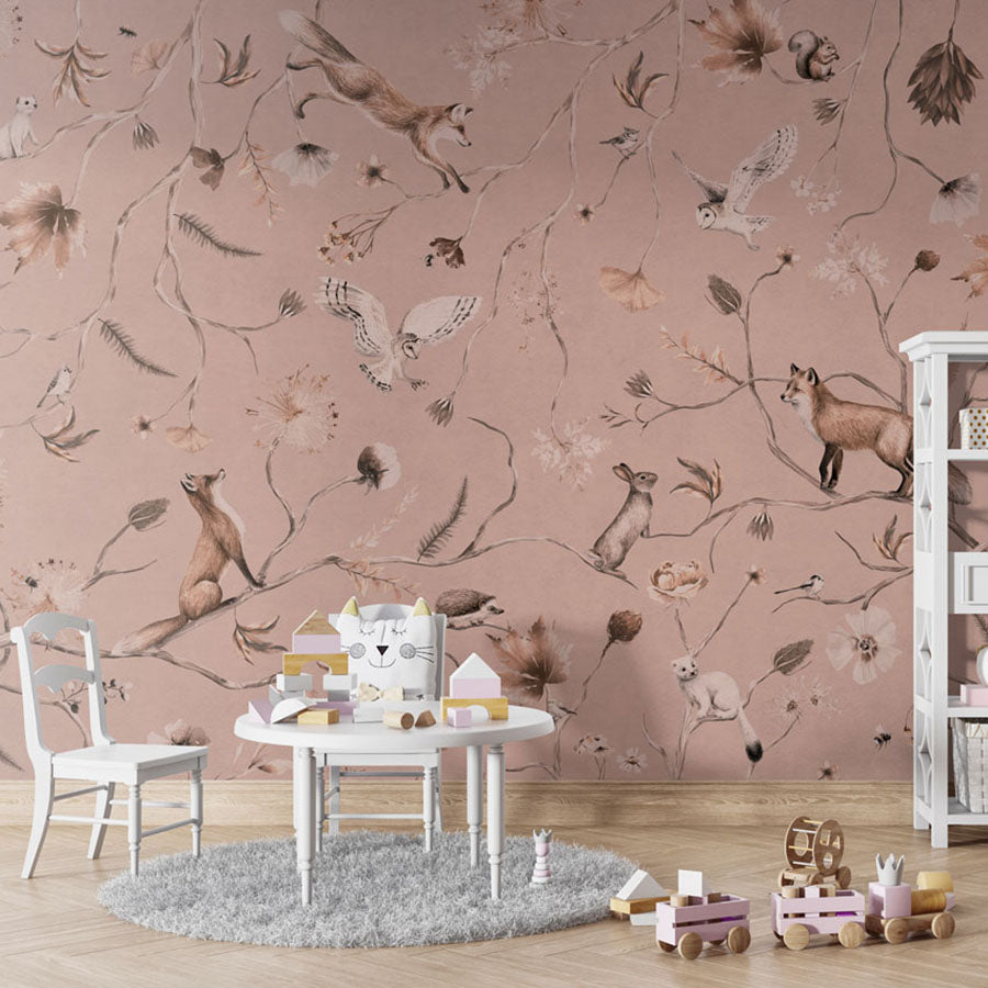 Playful Forest – Monochrome Pink wallpaper mural in a table cabinet