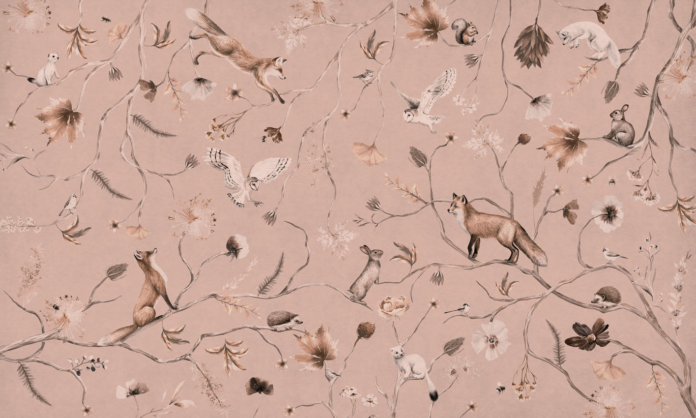 Playful Forest – Monochrome Pink wallpaper mural by Kikki Belle