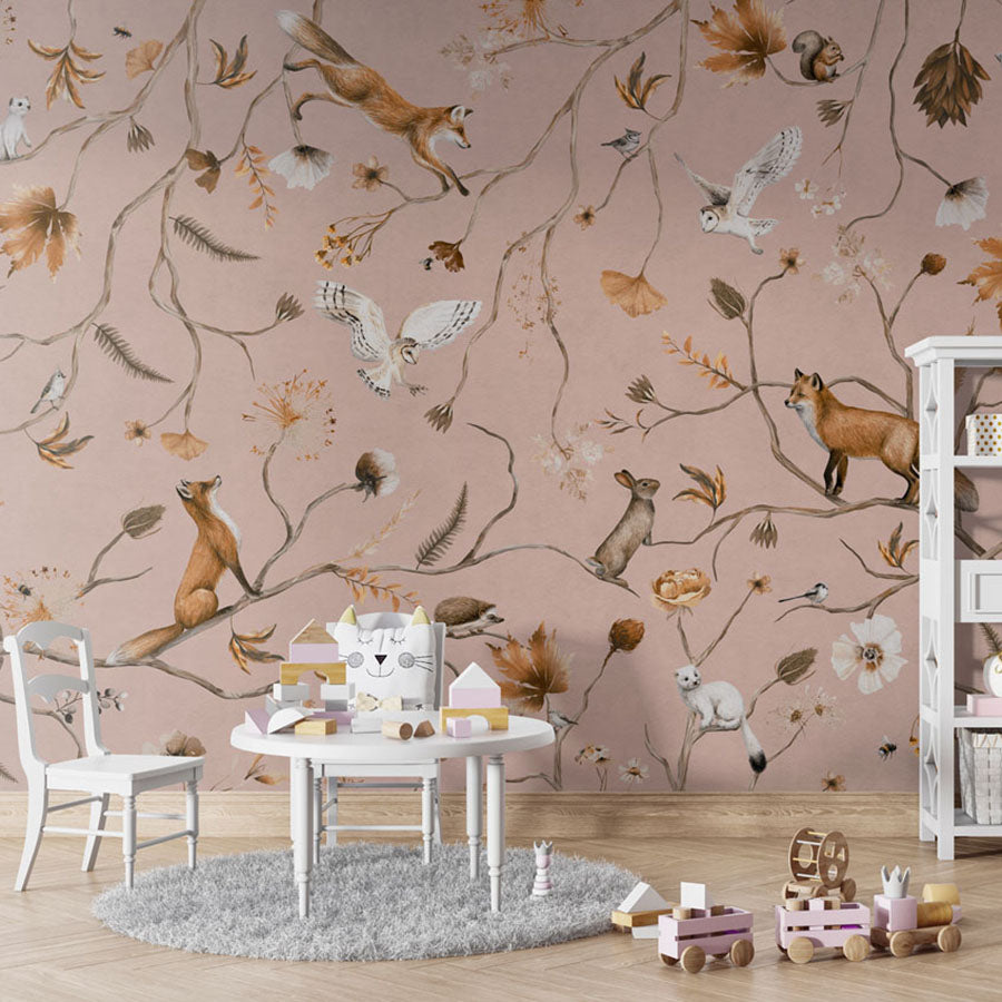 Playful Forest – Pink wallpaper mural in a children’s playroom