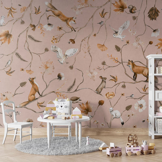 Playful Forest – Pink wallpaper mural in a children’s playroom