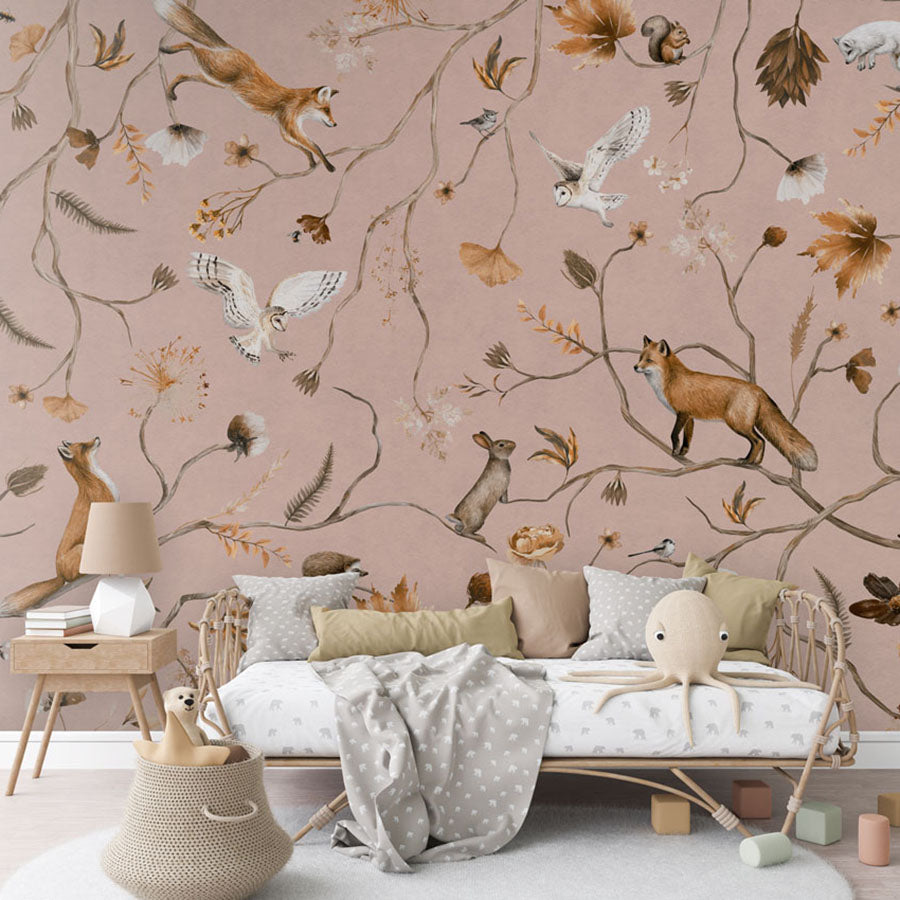 Playful Forest – Pink wallpaper mural in a rattan daybed