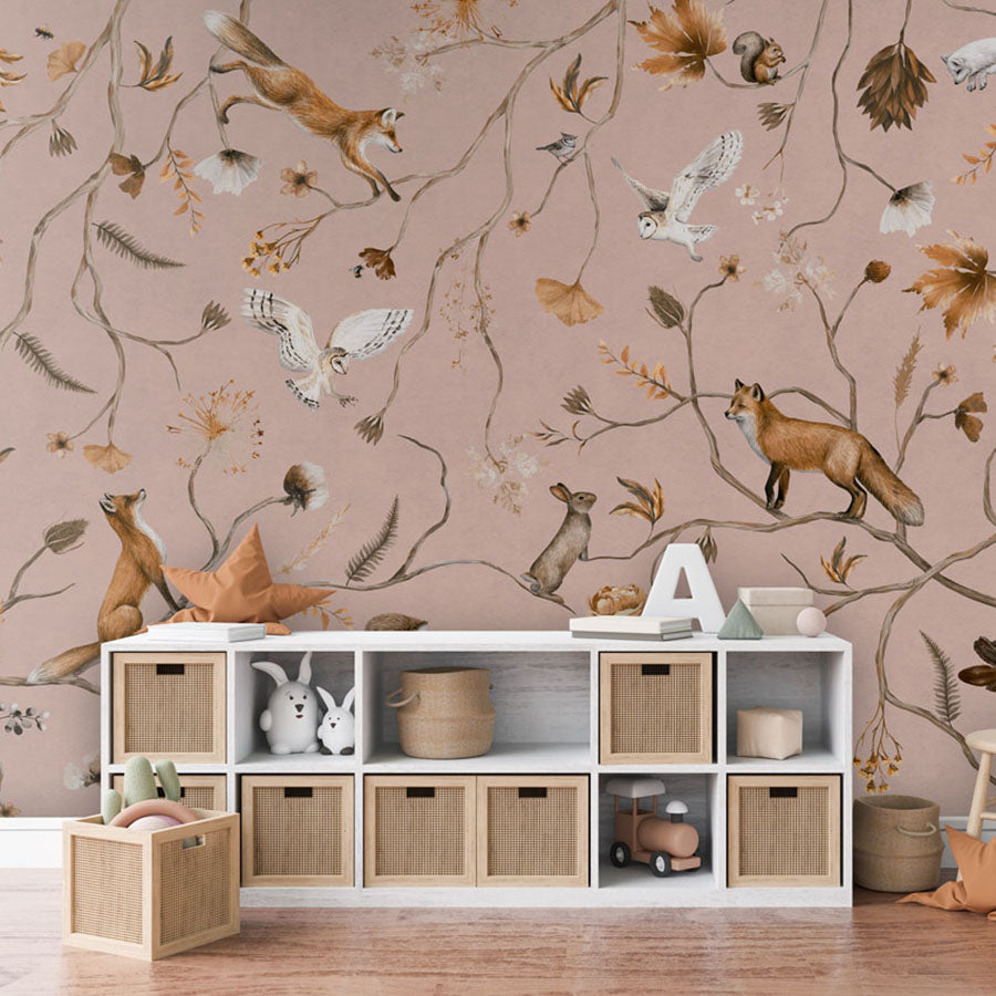 Playful Forest – Pink wallpaper mural in a toy storage