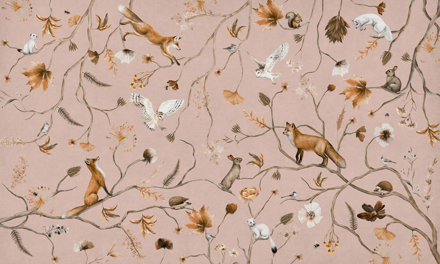 Playful Forest – Pink wallpaper mural by Kikki Belle