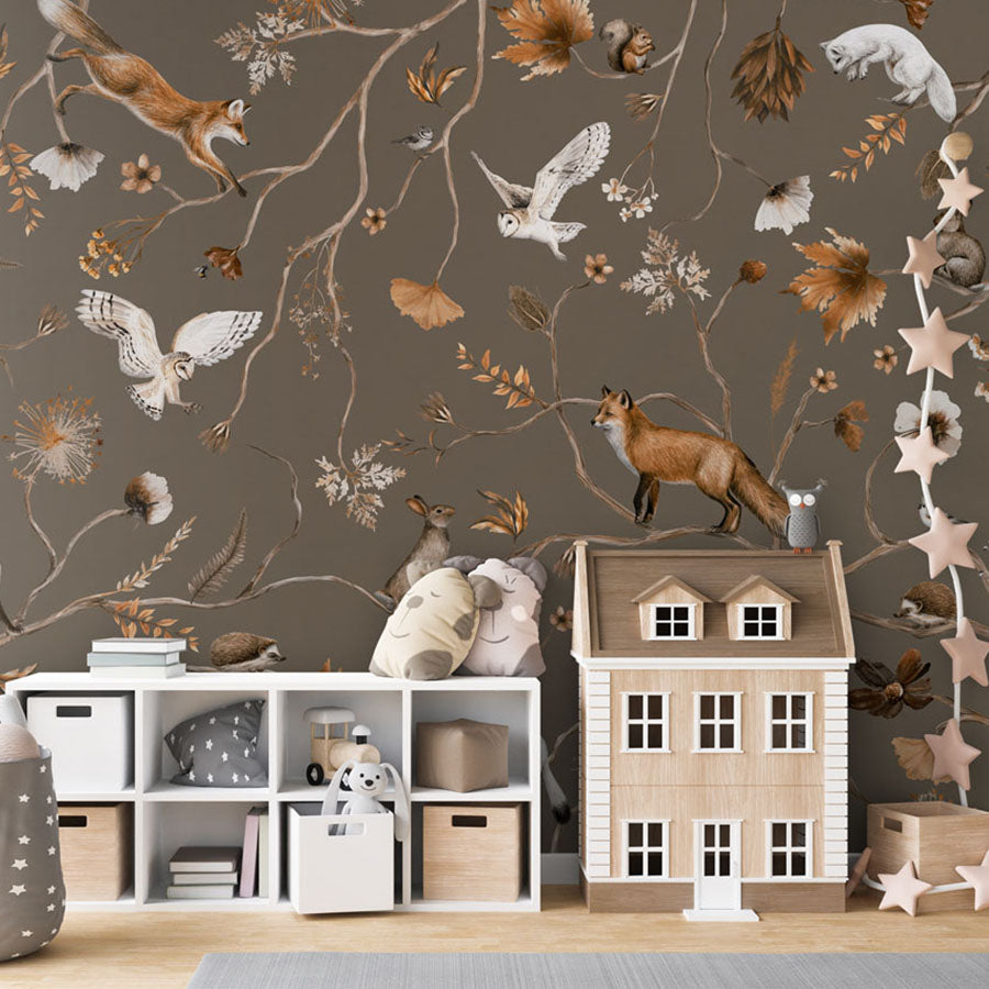 Playful Forest – Taupe wallpaper mural in a dolls house