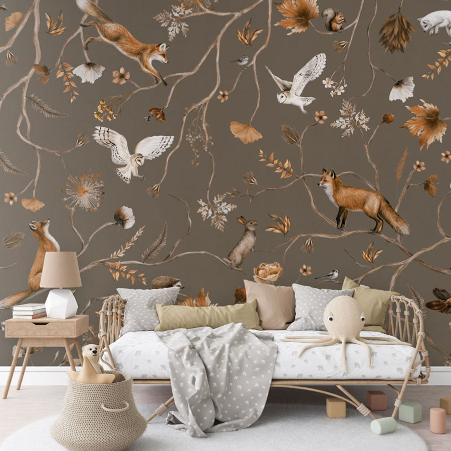 Playful Forest – Taupe wallpaper mural in a rattan daybed