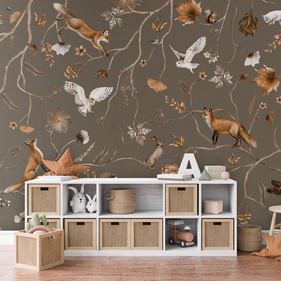 Playful Forest – Taupe wallpaper mural in a toy storage