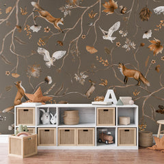 Playful Forest – Taupe wallpaper mural in a toy storage
