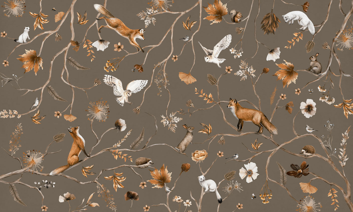 Playful Forest – Taupe wallpaper mural by Kikki Belle