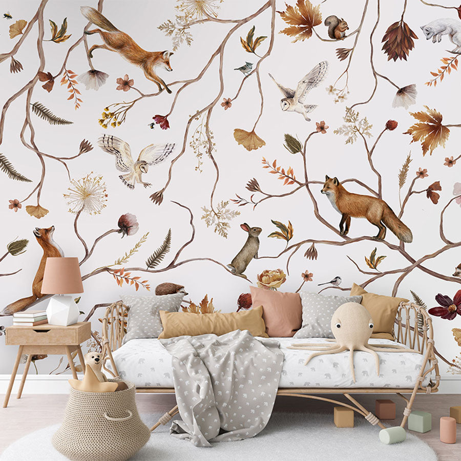 Playful Forest wallpaper mural in a children’s bedroom rattan daybed