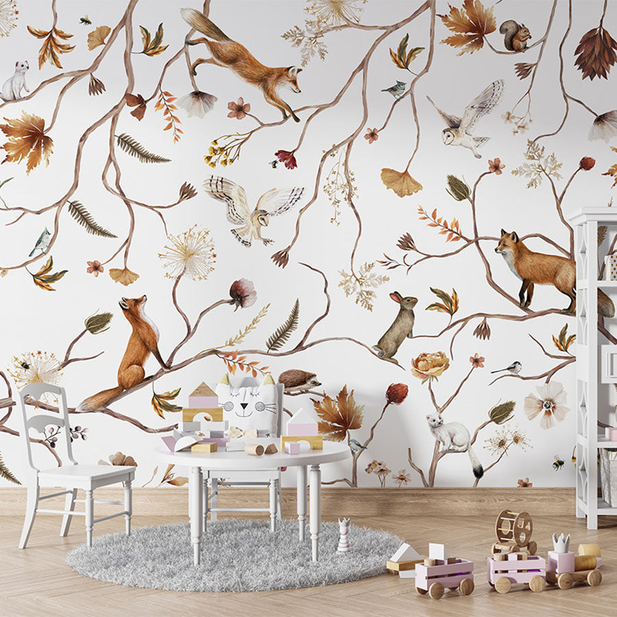 Playful Forest wallpaper mural in a children’s playroom table
