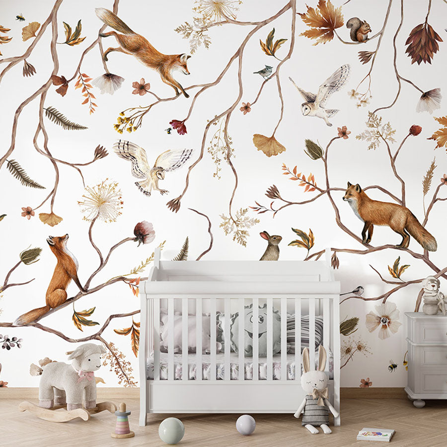 Playful Forest wallpaper mural in a nursery cot