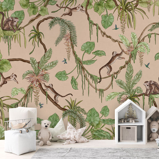 Playful Monkeys – Beige wallpaper mural in a children’s playroom storage