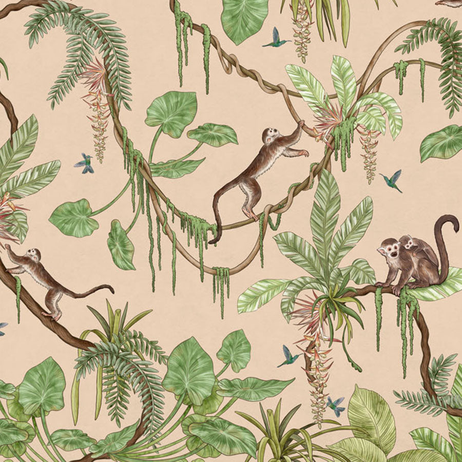Close-up of the Playful Monkeys – Beige wallpaper mural