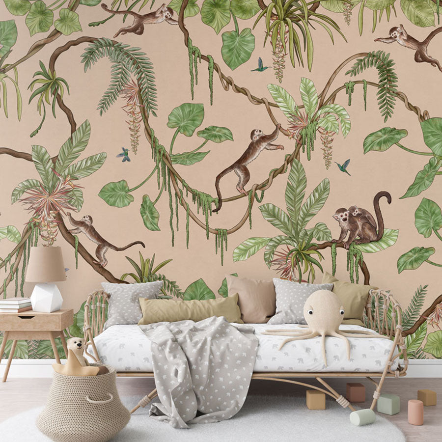 Playful Monkeys – Beige wallpaper mural in a rattan daybed