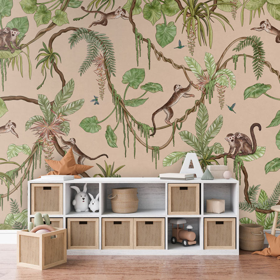Playful Monkeys – Beige wallpaper mural in a toy storage