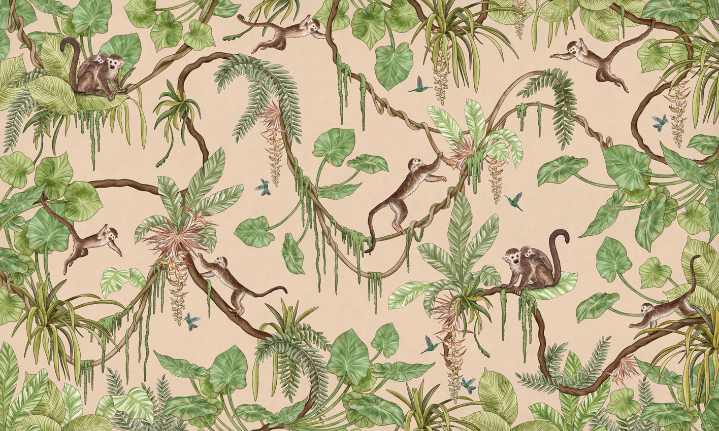 Playful Monkeys – Beige wallpaper mural by Kikki Belle