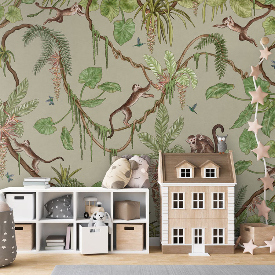 Playful Monkeys – Green wallpaper mural in a dolls house