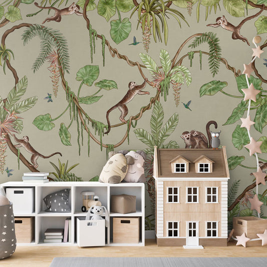 Playful Monkeys – Green wallpaper mural in a dolls house