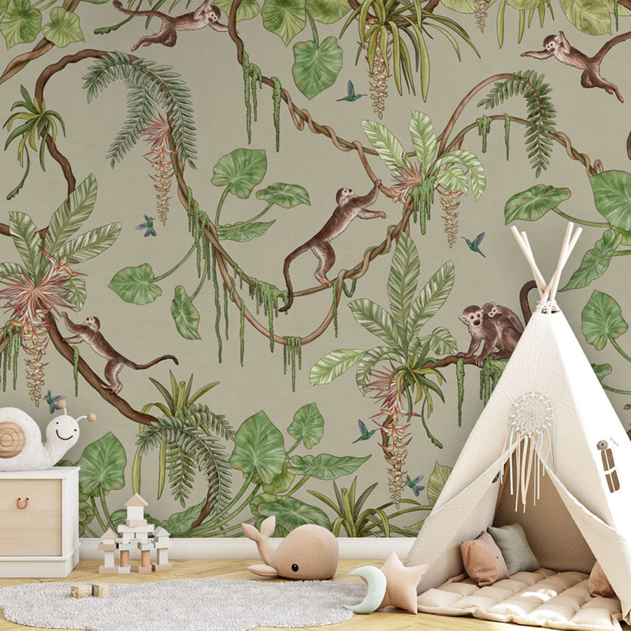 Playful Monkeys – Green wallpaper mural in a teepee