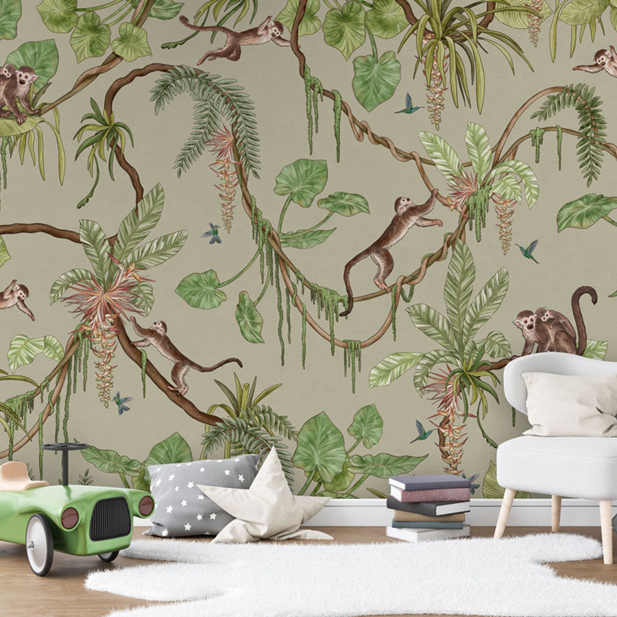 Playful Monkeys – Green wallpaper mural in a toy car