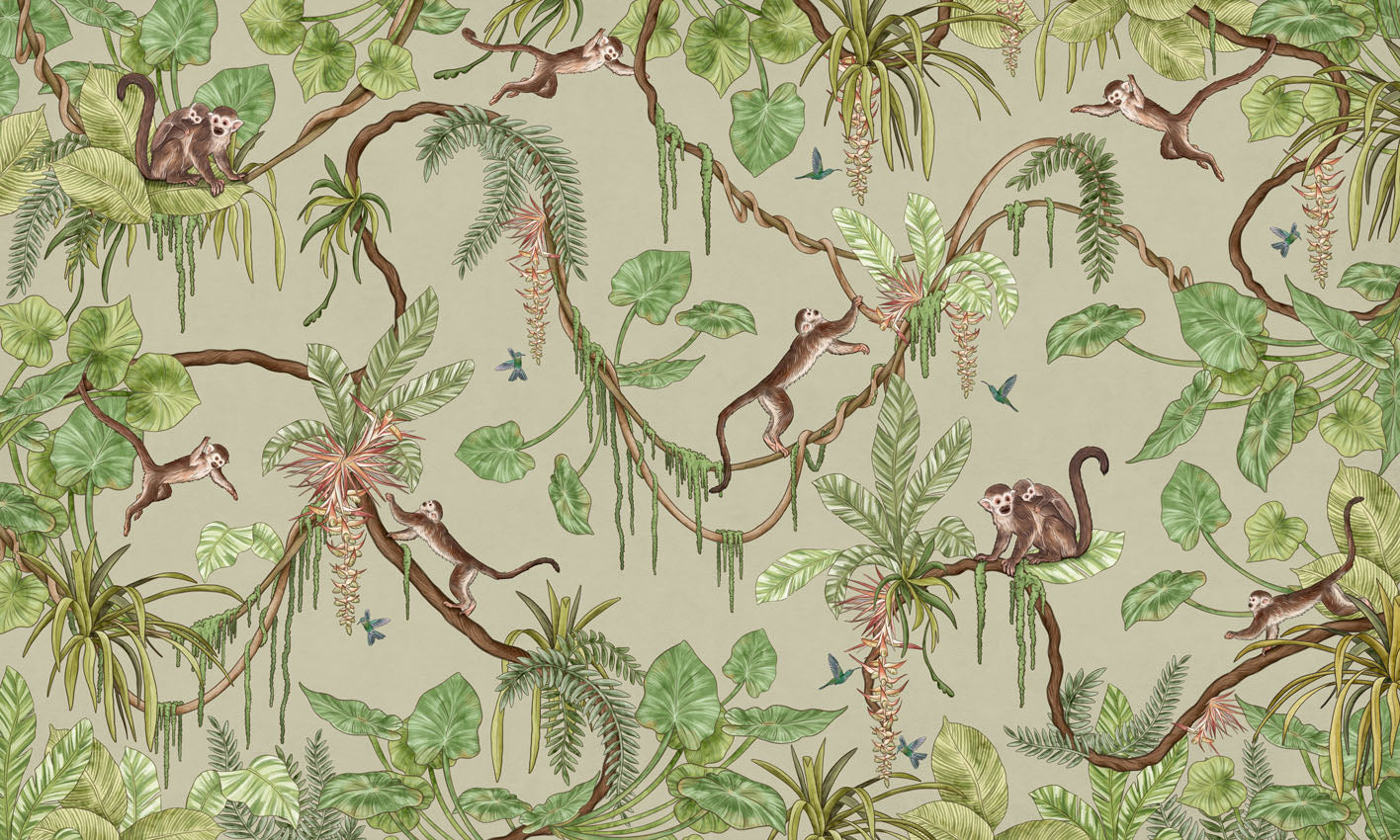 Playful Monkeys – Green wallpaper mural by Kikki Belle