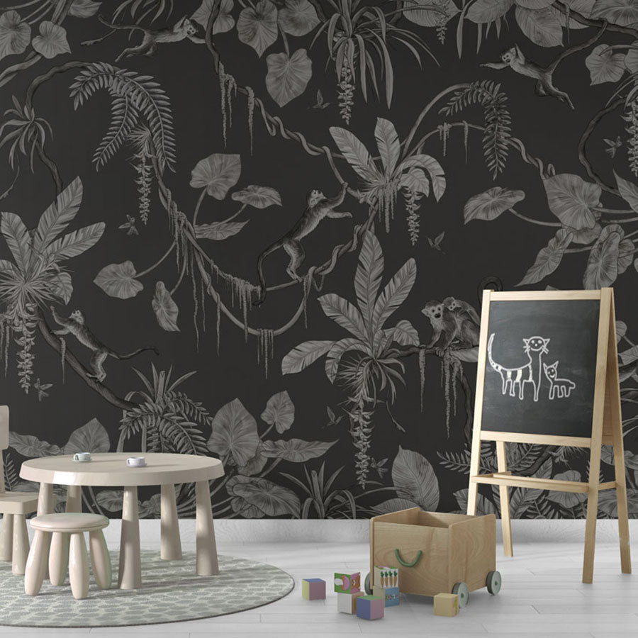 Playful Monkeys – Monochrome Black wallpaper mural in a chalkboard