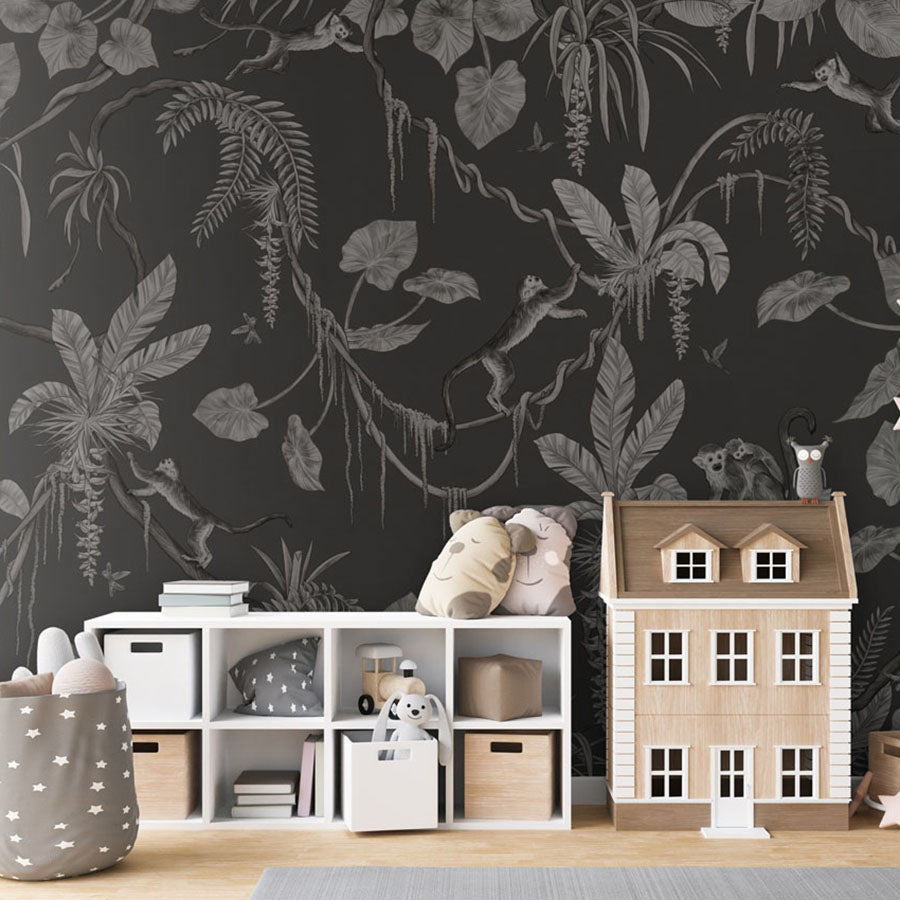 Playful Monkeys – Monochrome Black wallpaper mural in a dolls house