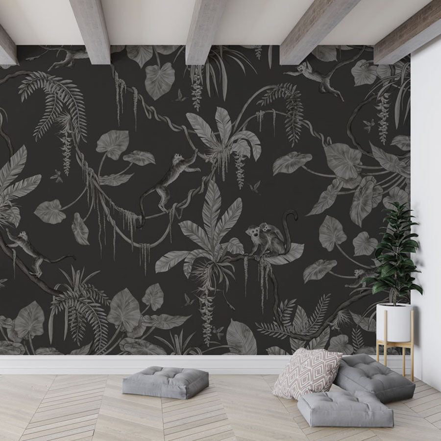 Playful Monkeys – Monochrome Black wallpaper mural in a floor cushions