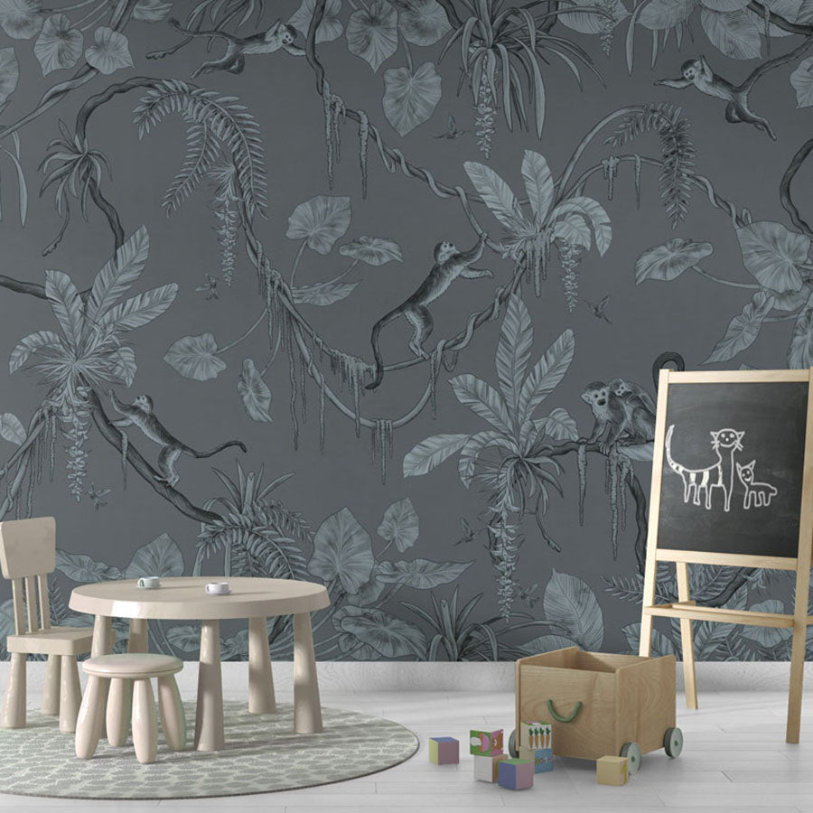 Playful Monkeys – Monochrome Blue wallpaper mural in a chalkboard