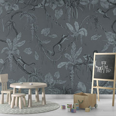 Playful Monkeys – Monochrome Blue wallpaper mural in a chalkboard