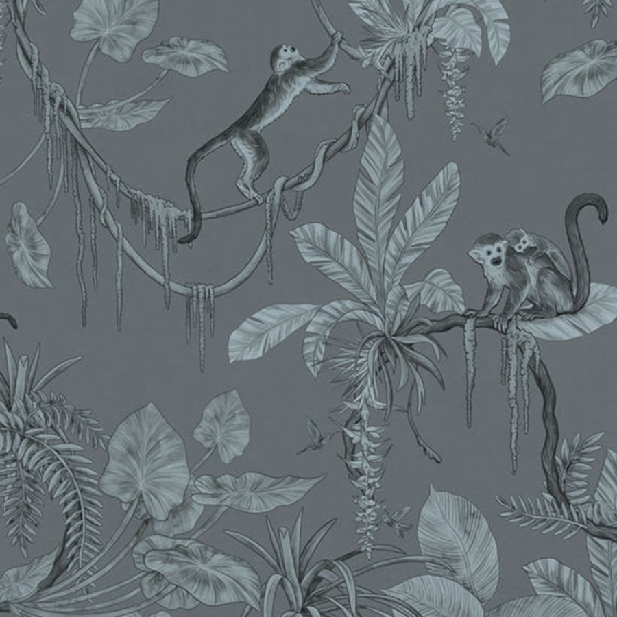 Close-up of the Playful Monkeys – Monochrome Blue wallpaper mural