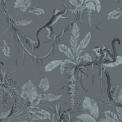 Close-up of the Playful Monkeys – Monochrome Blue wallpaper mural