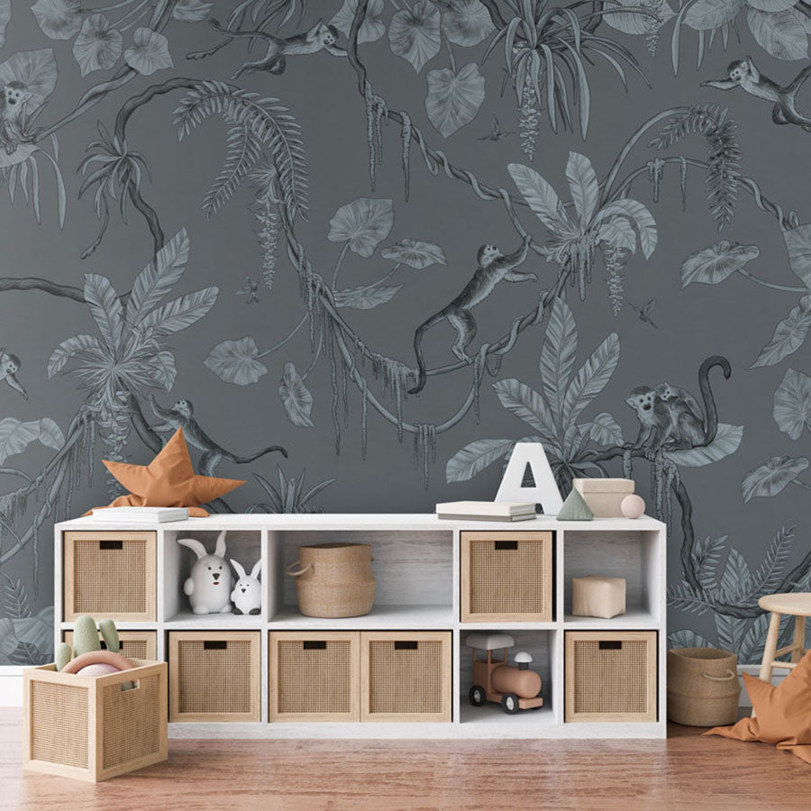 Playful Monkeys – Monochrome Blue wallpaper mural in a toy storage
