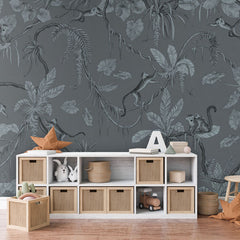 Playful Monkeys – Monochrome Blue wallpaper mural in a toy storage