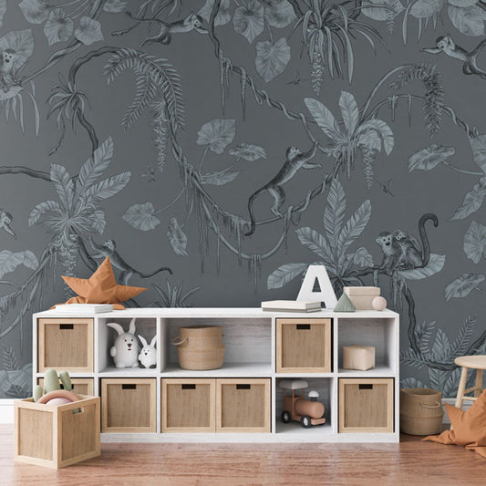 Playful Monkeys – Monochrome Blue wallpaper mural in a toy storage