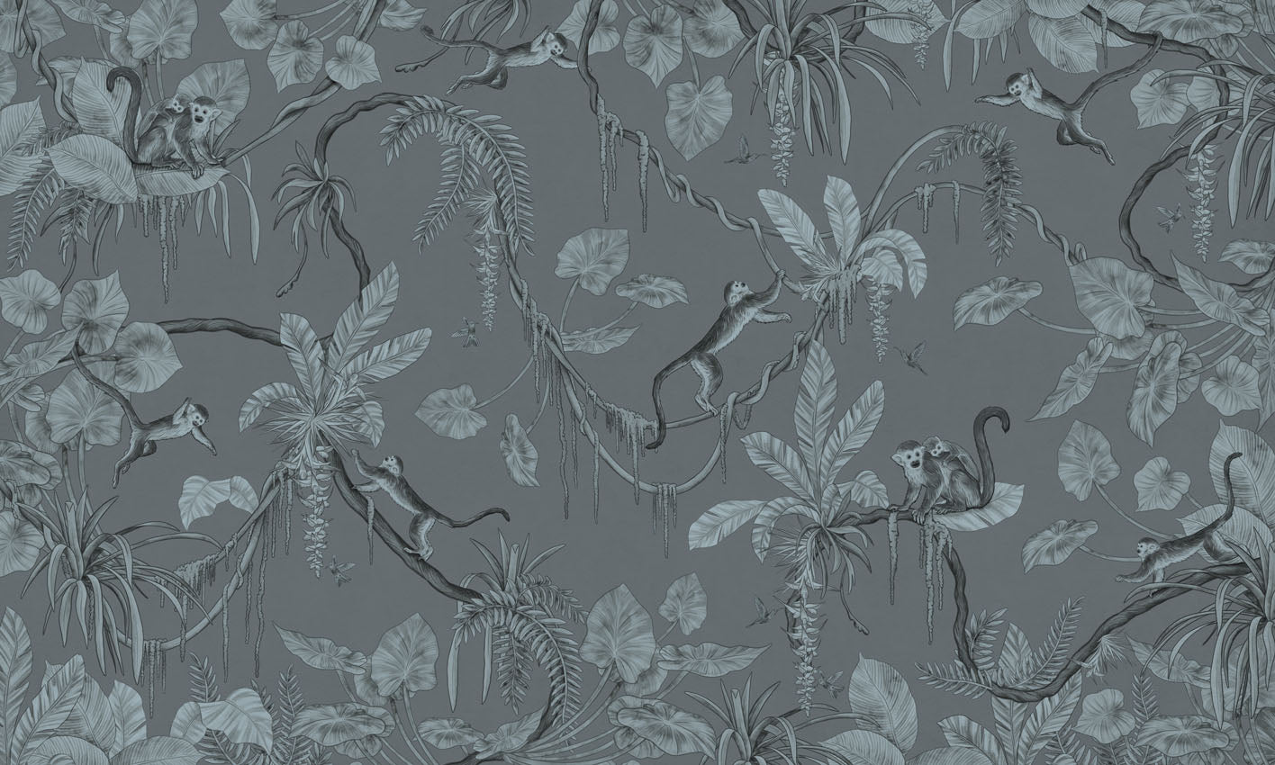 Playful Monkeys – Monochrome Blue wallpaper mural by Kikki Belle
