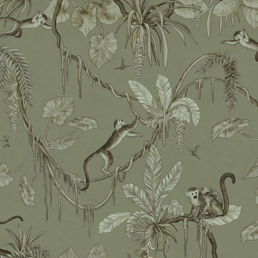 Close-up of the Playful Monkeys – Monochrome Green wallpaper mural
